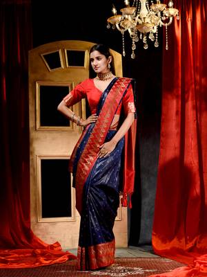 Handloom Navy Blue Katan Silk Banarasi Saree with Blouse Piece 3