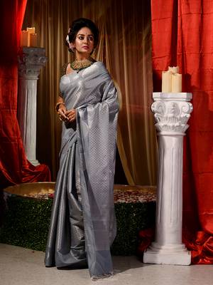 Handwoven Grey Kubera Pattu Saree with Blouse Piece 4