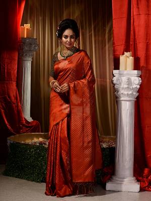 Handwoven Orange Kubera Pattu Saree with Blouse Piece 1