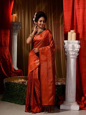 Handwoven Orange Kubera Pattu Saree with Blouse Piece 3