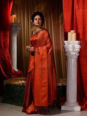 Handwoven Orange Kubera Pattu Saree with Blouse Piece 4