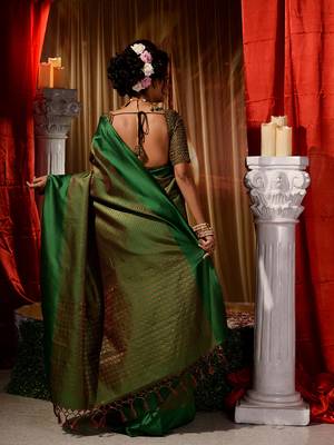 Handwoven Dark Green Kubera Pattu Saree with Blouse Piece 2