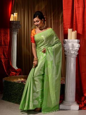 Handwoven Parrot Green Kubera Pattu Saree with Blouse Piece 4
