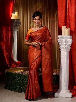 Handwoven Orange Kubera Pattu Saree with Blouse Piece 1