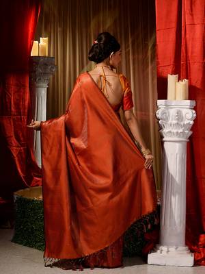 Handwoven Orange Kubera Pattu Saree with Blouse Piece 2