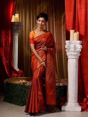 Handwoven Orange Kubera Pattu Saree with Blouse Piece 3