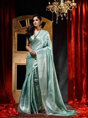 Handwoven Sea Green Kubera Pattu Saree with Blouse Piece 3