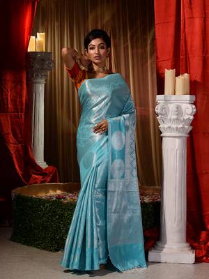 Handwoven Sky Blue Kubera Pattu Saree with Blouse Piece 1