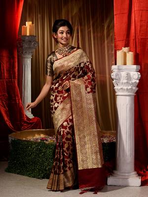 Handwoven Maroon Banarasi Silk Saree with Blouse Piece 3