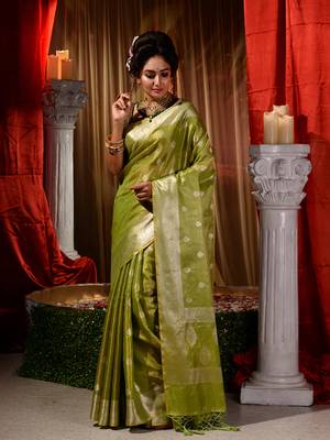 Banarasi green Tissue Saree with Blouse Piece 3
