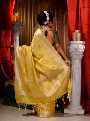 Banarasi yellow Tissue Saree with Blouse Piece 2