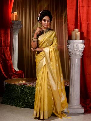 Banarasi yellow Tissue Saree with Blouse Piece 3