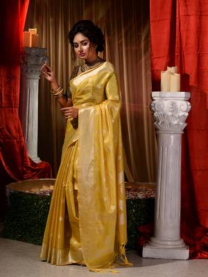 Banarasi yellow Tissue Saree with Blouse Piece 4