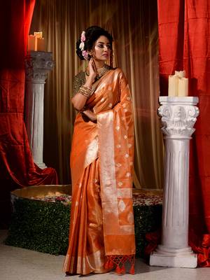 Banarasi Orange Tissue Saree with Blouse Piece 4