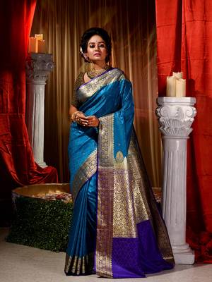 Firozi Zari Weaved Kanjivaram Saree with Blouse Piece With Stone Work 1