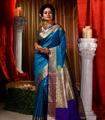 Firozi Zari Weaved Kanjivaram Saree with Blouse Piece With Stone Work