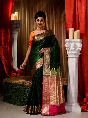 Green Zari Weaved Designer Wedding Banarasi Saree with Blouse Piece With Stone Work 1
