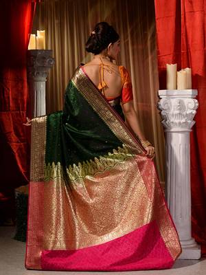 Green Zari Weaved Designer Wedding Banarasi Saree with Blouse Piece With Stone Work 2
