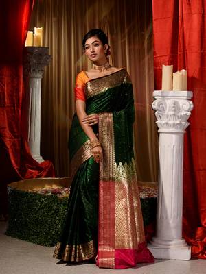 Green Zari Weaved Designer Wedding Banarasi Saree with Blouse Piece With Stone Work 3
