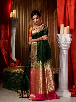 Green Zari Weaved Designer Wedding Banarasi Saree with Blouse Piece With Stone Work 4