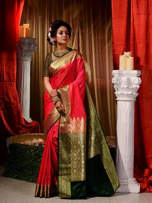 Red Zari Weaved Kanjivaram Saree with Blouse Piece With Stone Work 1