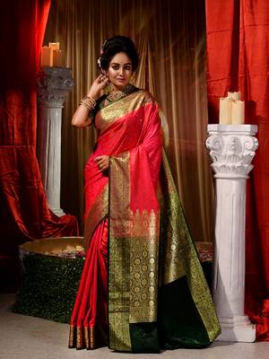 Red Zari Weaved Kanjivaram Saree with Blouse Piece With Stone Work 3