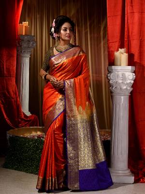 Orange Zari Weaved Kanjivaram Saree with Blouse Piece With Stone Work 1