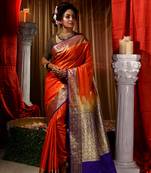Orange Zari Weaved Kanjivaram Saree with Blouse Piece With Stone Work