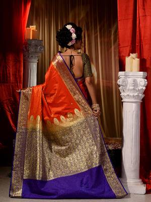 Orange Zari Weaved Kanjivaram Saree with Blouse Piece With Stone Work 2