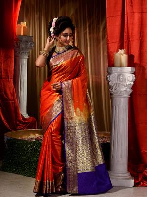 Orange Zari Weaved Kanjivaram Saree with Blouse Piece With Stone Work 3