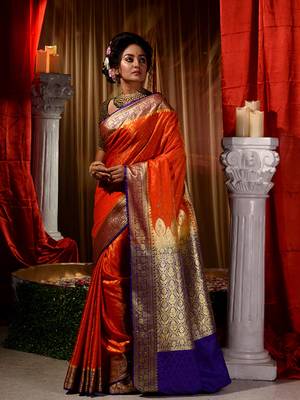 Orange Zari Weaved Kanjivaram Saree with Blouse Piece With Stone Work 4