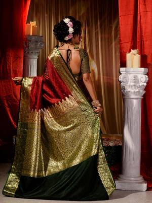 Maroon Zari Weaved Kanjivaram Wedding Saree with Blouse Piece With Stone Work 2