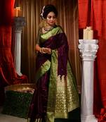 Wine Zari Weaved Banarasi Saree with Blouse Piece With Stone Work