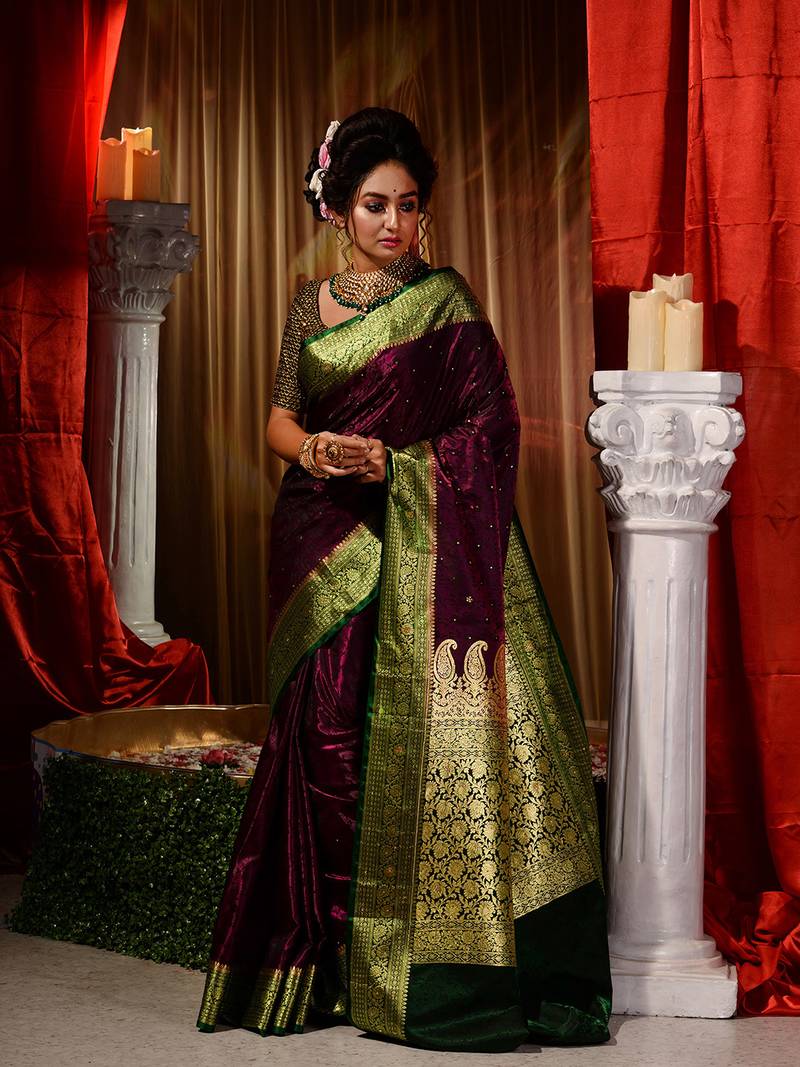 Wine Zari Weaved Banarasi Saree with Blouse Piece With Stone Work