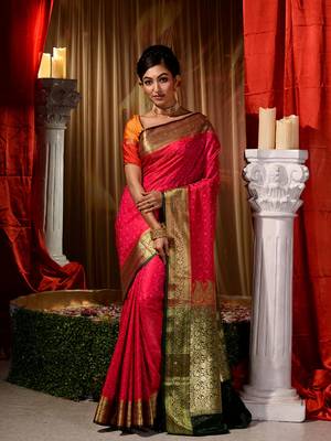 Pink Zari Weaved Kanjivaram Saree with Blouse Piece With Stone Work 1