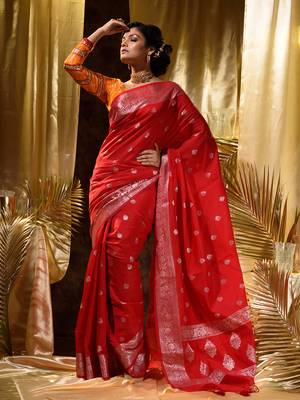Red Banarasi Silk Saree with Blouse Piece 3