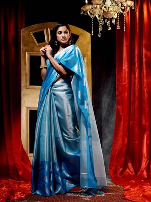 Firozi Tissue Silk Saree with Blouse Piece 3