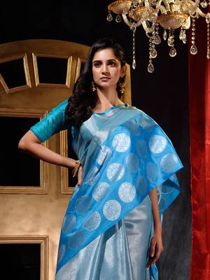 Firozi Tissue Silk Saree with Blouse Piece 5