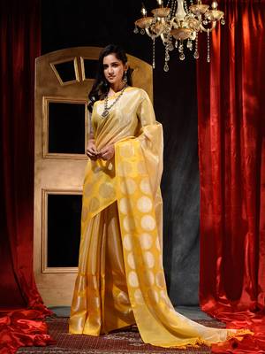 Yellow Tissue Silk Saree with Blouse Piece 1