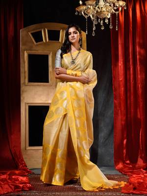 Yellow Tissue Silk Saree with Blouse Piece 3