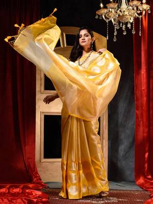 Yellow Tissue Silk Saree with Blouse Piece 4