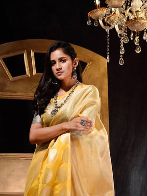 Yellow Tissue Silk Saree with Blouse Piece 5