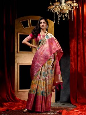 Handwoven Golden Meena Work Tissue Silk Saree with Blouse Piece 1