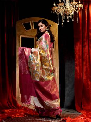 Handwoven Golden Meena Work Tissue Silk Saree with Blouse Piece 2