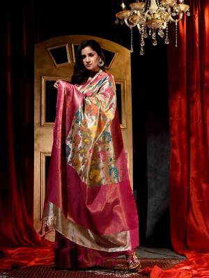 Handwoven Golden Meena Work Tissue Silk Saree with Blouse Piece 3