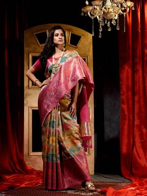 Handwoven Golden Meena Work Tissue Silk Saree with Blouse Piece 4