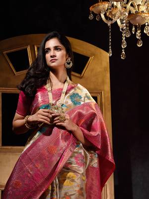 Handwoven Golden Meena Work Tissue Silk Saree with Blouse Piece 5