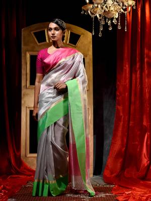 Handloom Silver Tissue Silk Saree with Blouse Piece 1