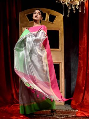 Handloom Silver Tissue Silk Saree with Blouse Piece 4