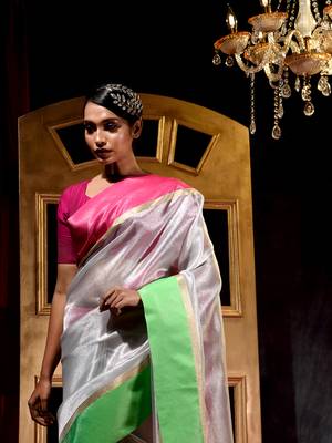 Handloom Silver Tissue Silk Saree with Blouse Piece 5